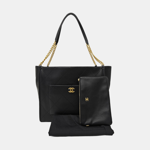 Quilted Grained Calfskin Tote Bag Black