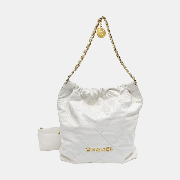 CHANEL 22 Piel de becerro acolchada grande blanca