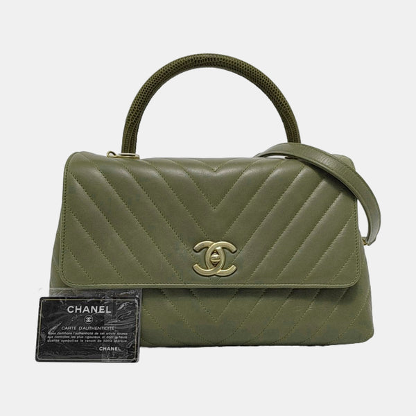 COCO HANDLE Medium Chevron, Quilted Calfskin Green