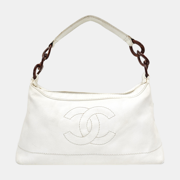 Quilted Grained Calfskin Shoulder Bag White