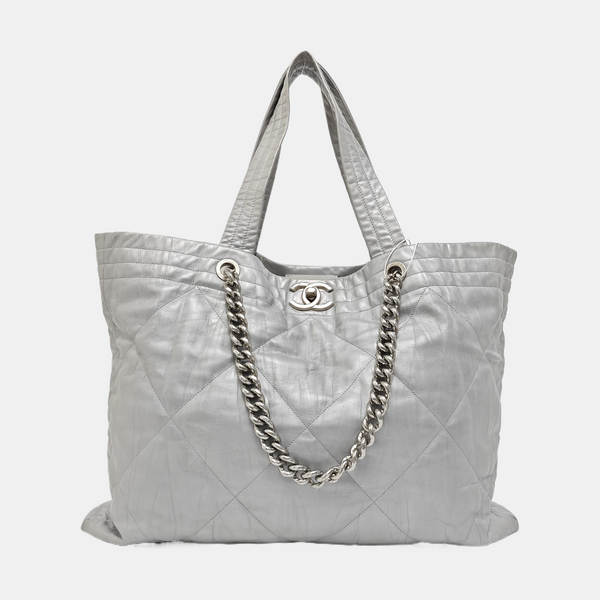 Quilted Calfskin Tote Bag Silver