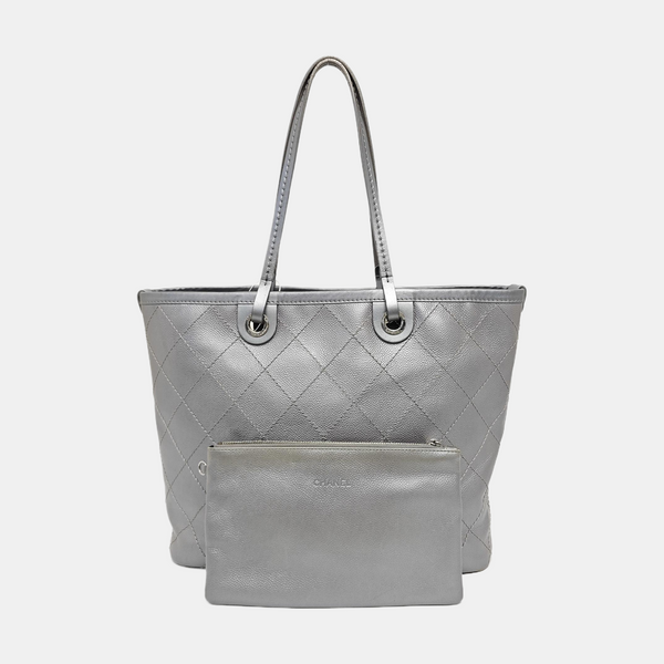 SHOPPING FEVER TOTE Quilted Grained Calfskin Silver