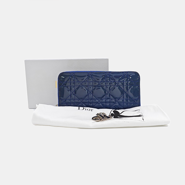 Lady Dior Small Cannage Patent Leather Blue Wallet