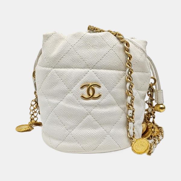 Quilted Grained Calfskin Shoulder Bag White