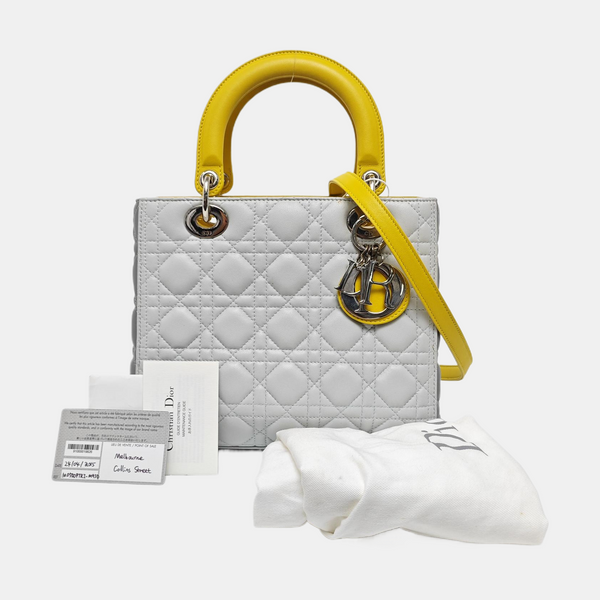 Authenticated pre-owned Lady Dior Medium Quilted Lambskin Grey - Tote Bag at Looply