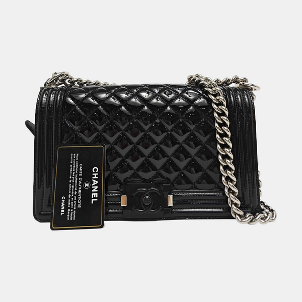Authenticated pre-owned BOY CHANEL Medium Quilted Patent Leather Black - Shoulder Bag at Looply