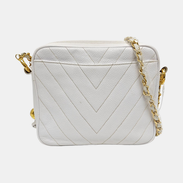 Chevron Grained Calfskin Crossbody Bag White