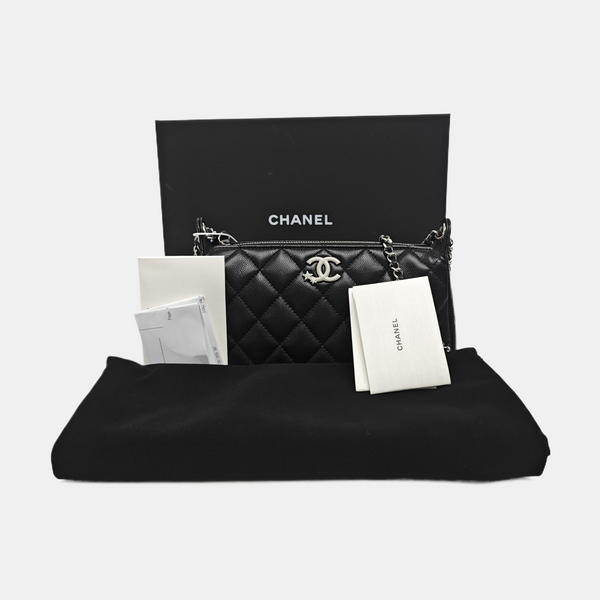 Quilted Grained Calfskin Shoulder Bag Black
