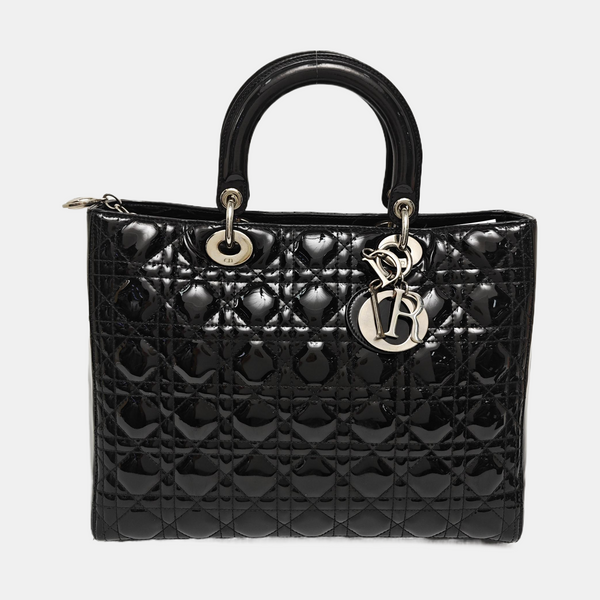 Authenticated pre-owned Lady Dior Large Quilted Patent Leather Blue - Tote Bag at Looply