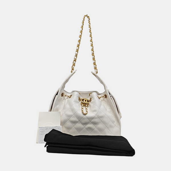 CHANEL 25 Small Quilted Grained Calfskin White