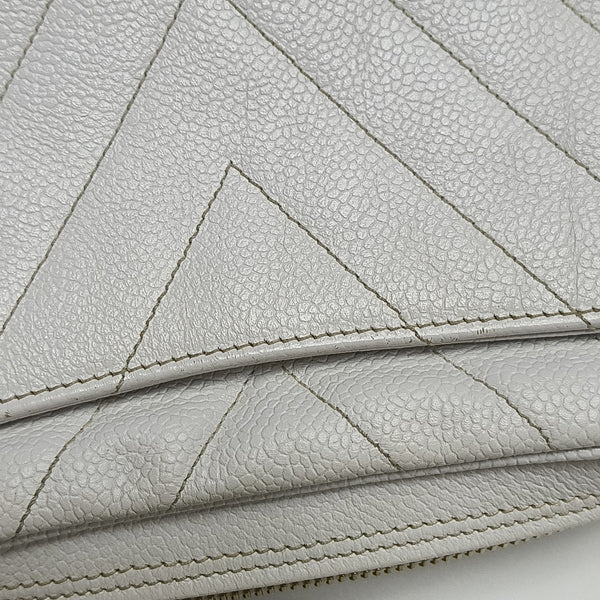 Chevron Grained Calfskin Crossbody Bag White