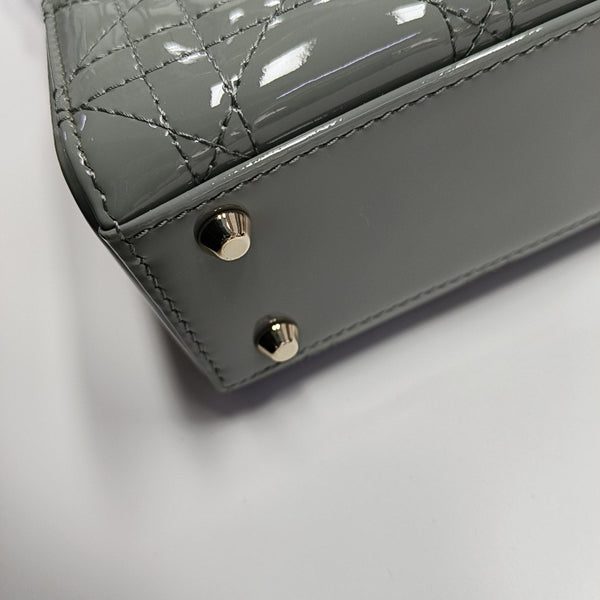 Authenticated pre-owned Lady Dior Mini Quilted Patent Leather Grey - Tote Bag at Looply