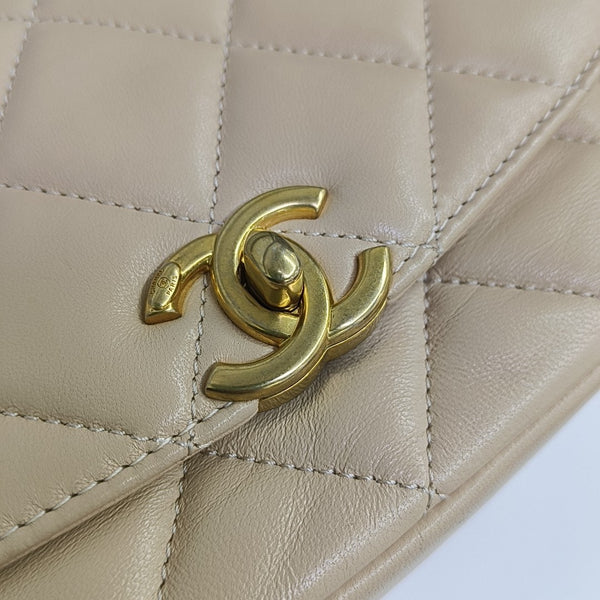 Quilted Lambskin Shoulder Bag Small Beige