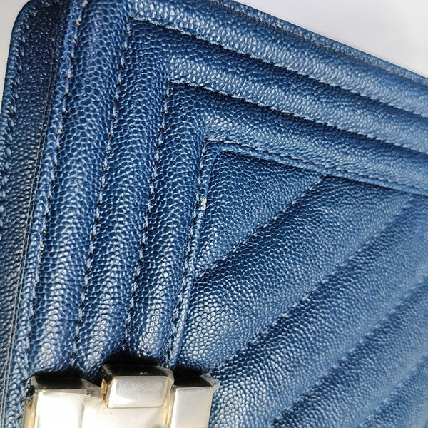 BOY CHANEL Small Chevron, Quilted Grained Calfskin Blue