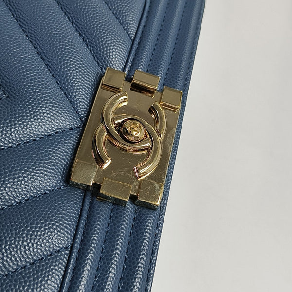 BOY CHANEL Small Chevron, Quilted Grained Calfskin Blue