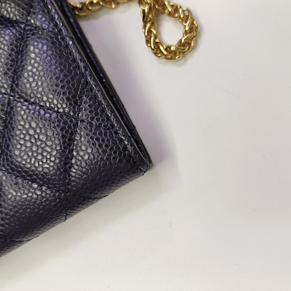 CLASSIC FLAP Mini Quilted Grained Calfskin Blue Wallet