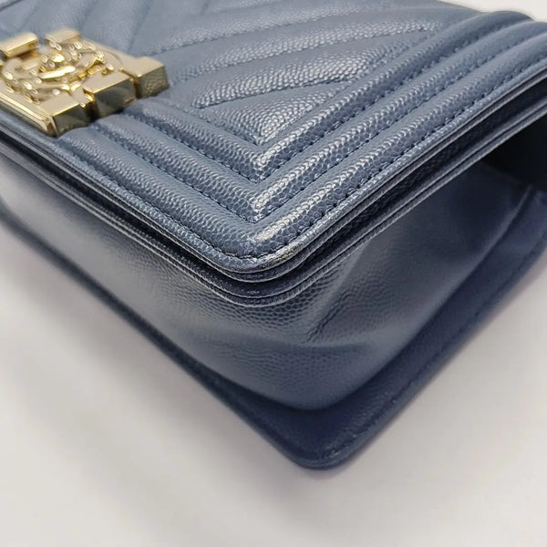BOY CHANEL Small Chevron, Quilted Grained Calfskin Blue