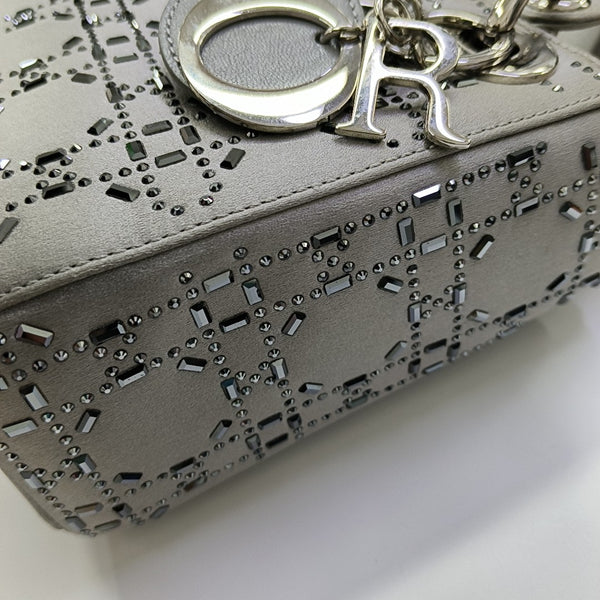 Lady Dior Mini Cannage Silk Satin Gray