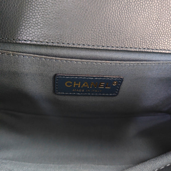 Authenticated pre-owned BOY CHANEL Medium Chevron, Quilted Grained Calfskin Blue - Shoulder Bag at Looply