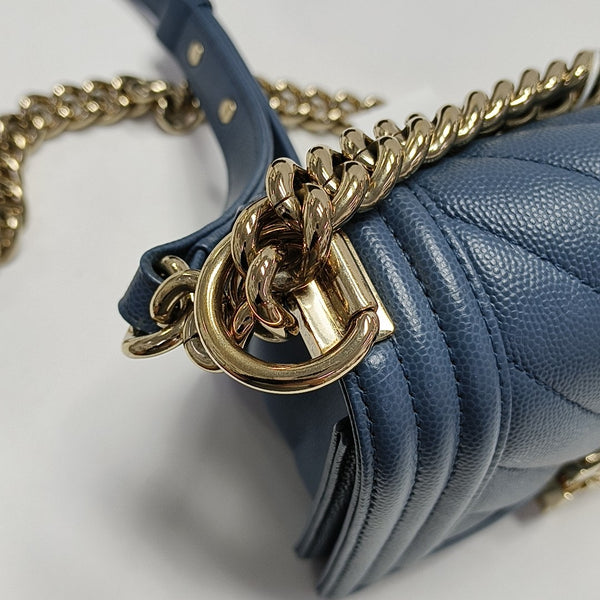 BOY CHANEL Small Chevron, Quilted Grained Calfskin Blue