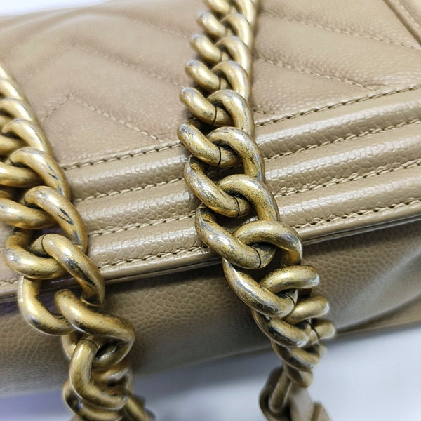 BOY CHANEL Medium Chevron, Quilted Grained Calfskin Beige