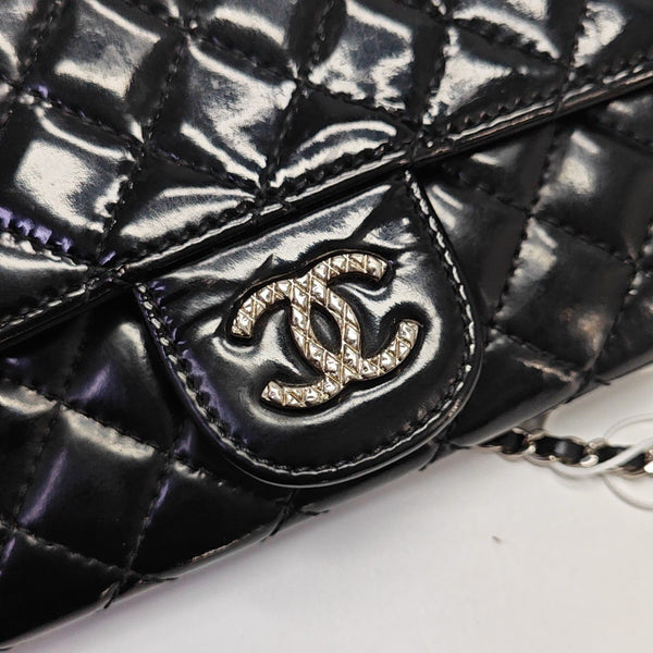 Quilted Patent Leather Top Handle Bag Black