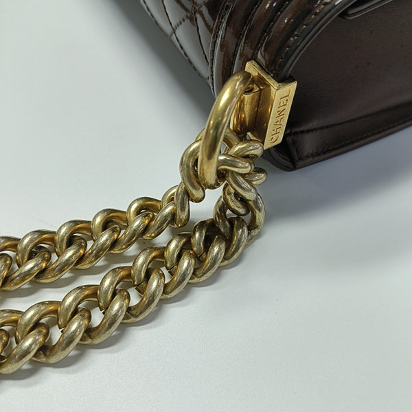 BOY CHANEL Medium Quilted Patent Leather Brown