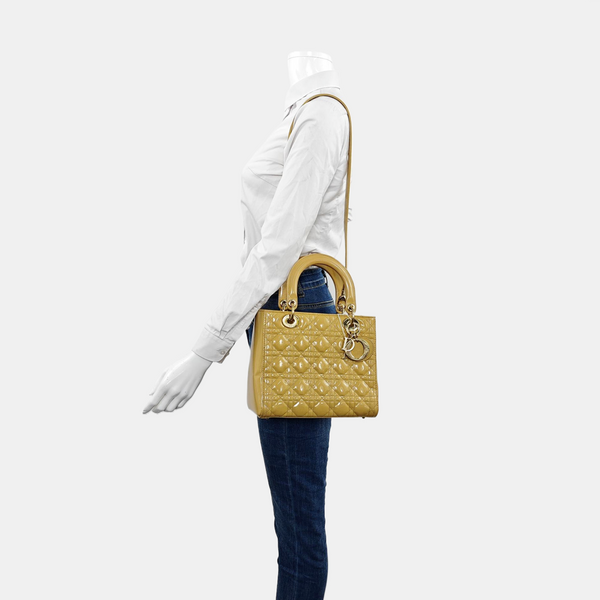 Authenticated pre-owned Lady Dior Medium Cannage Patent Leather Yellow - Shoulder Bag at Looply
