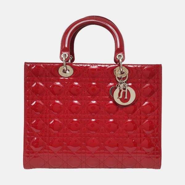Authenticated pre-owned Lady Dior Large Cannage Patent Leather Red - Top Handle Bag at Looply