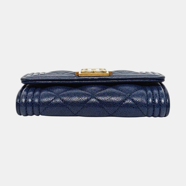 Authenticated pre-owned Boy Chanel Quilted Grained Calfskin Blue Wallet - Wallet at Looply