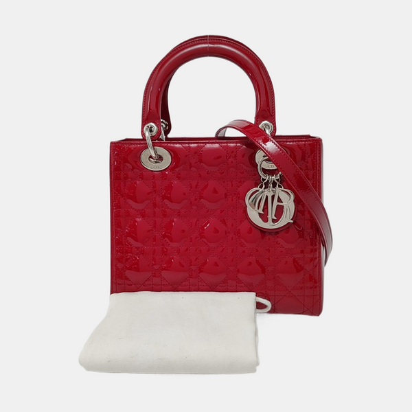 Authenticated pre-owned Lady Dior Medium Patent Leather Red - Crossbody Bag at Looply