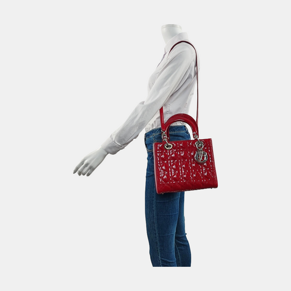 Authenticated pre-owned Lady Dior Medium Patent Leather Red - Crossbody Bag at Looply