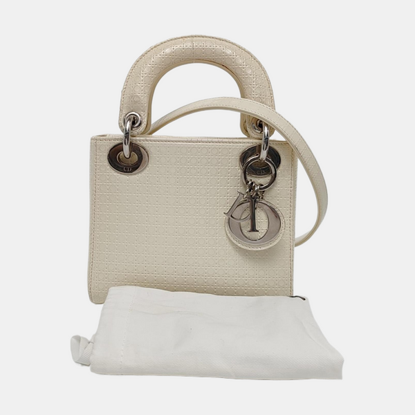 Authenticated pre-owned Lady Dior Mini Patent Leather White - Crossbody Bag at Looply