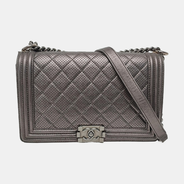 Authenticated pre-owned Boy Chanel Large Quilted Lambskin Gray - Crossbody Bag at Looply