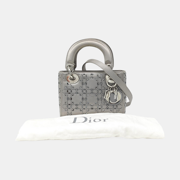 Authenticated pre-owned Lady Dior Mini Silk Satin Gray - Shoulder Bag at Looply
