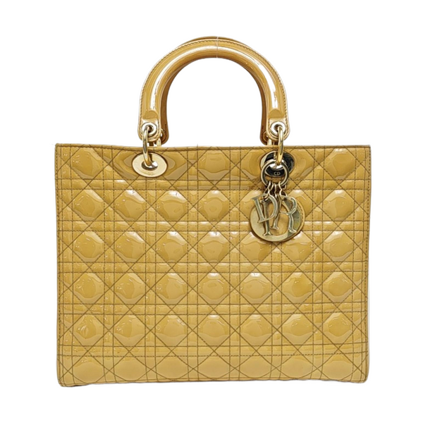 Authenticated pre-owned Lady Dior Large Patent Leather Yellow - Top Handle Bag at Looply