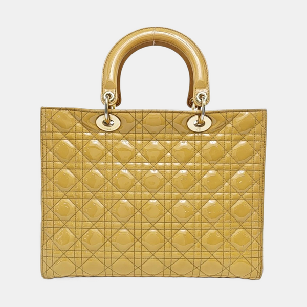 Authenticated pre-owned Lady Dior Large Patent Leather Yellow - Top Handle Bag at Looply