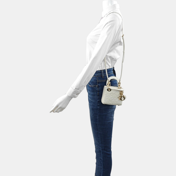 Authenticated pre-owned Lady Dior Super Mini Lambskin White - Shoulder Bag at Looply