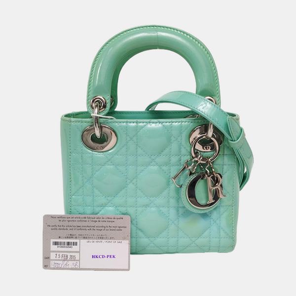 Authenticated pre-owned Lady Dior Mini Patent Leather Green - Shoulder Bag at Looply