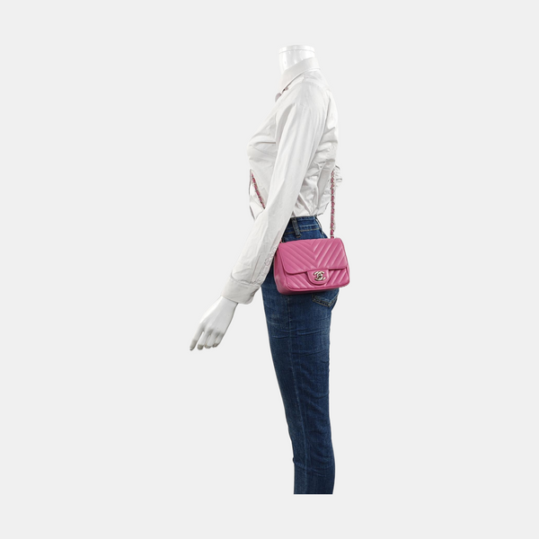 Authenticated pre-owned Classic Flap Mini Square Chevron Lambskin Pink - Crossbody Bag at Looply
