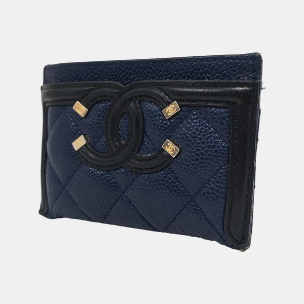 Authenticated pre-owned Filigree Quilted Grained Calfskin Blue Card Holder - Card Holder at Looply