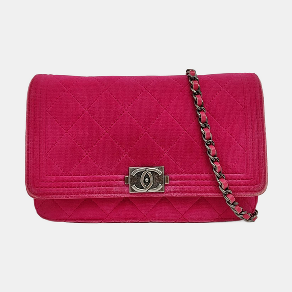 Authenticated pre-owned Boy Chanel WOC Quilted Velvet Pink - Crossbody Bag at Looply