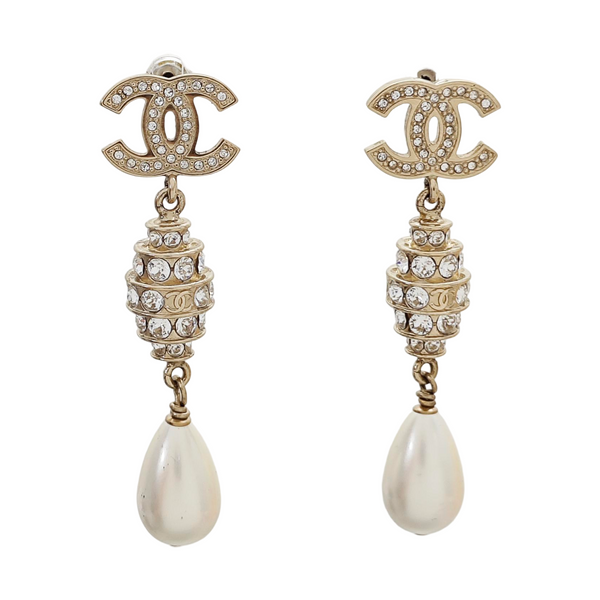 Authenticated pre-owned CC Large Pendant Stud Gold-tone Metal Synthetic Crystal Faux Pearl Earring - Earrings at Looply