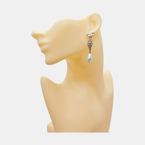 Authenticated pre-owned CC Large Pendant Stud Gold-tone Metal Synthetic Crystal Faux Pearl Earring - Earrings at Looply