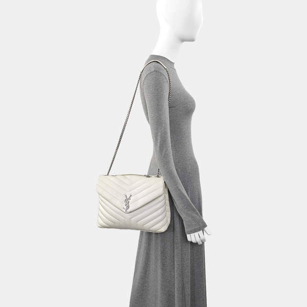 LOULOU Medium Chevron Calfskin White
