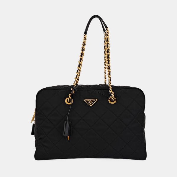 Quilted Nylon Top Handle Bag Black