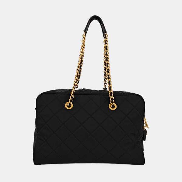 Quilted Nylon Top Handle Bag Black