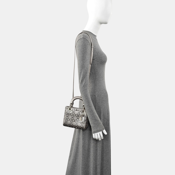 Lady Dior Mini Cannage Silk Satin Gray