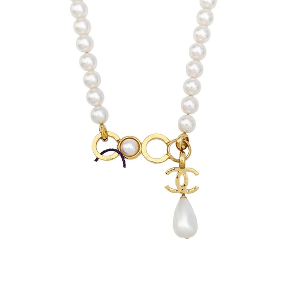 Authenticated pre-owned White-tone Metal Pearl Necklace with Coco Mark - Necklace at Looply