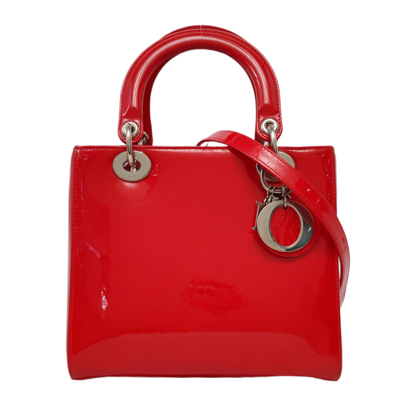 Authenticated pre-owned Lady Dior Medium Patent Leather Red - Shoulder Bag at Looply